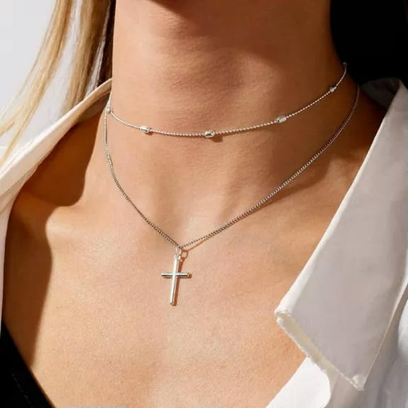 K-KED Women's Fashion Gold or Silver Double Layer Cross Pendant Necklace-Silver