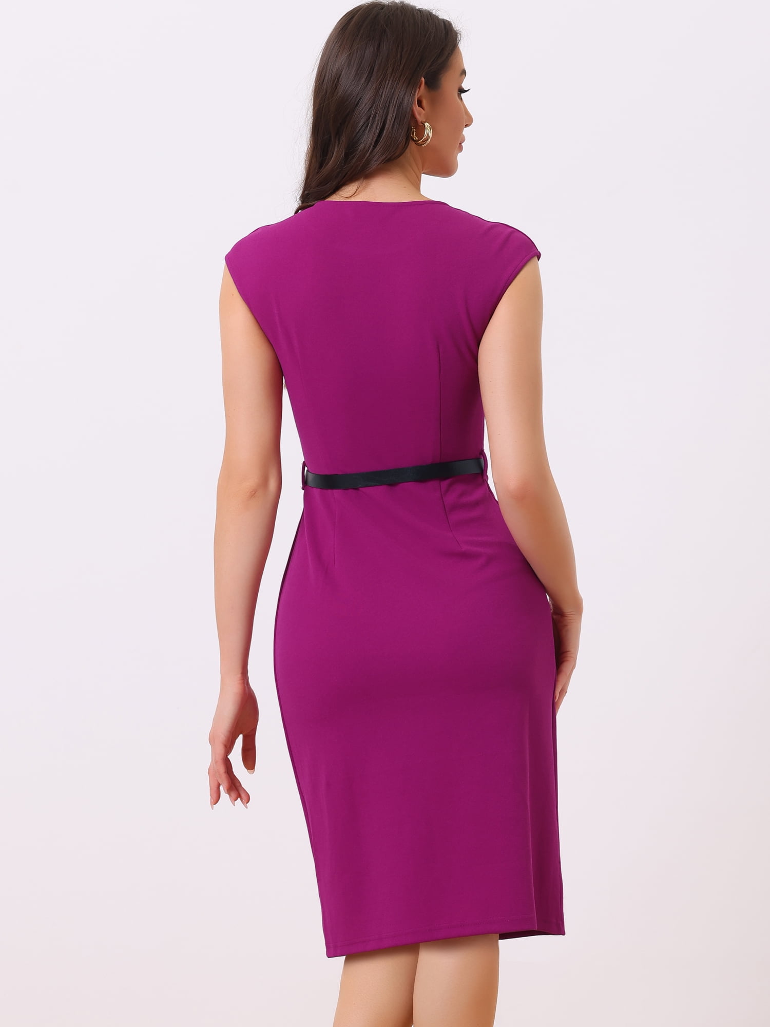 DARING DIVA Elegant Round Neck Cap Sleeve Belted Work Sheath Dresses XS Purple