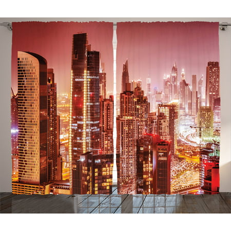 Apartment Decor Curtains 2 Panels Set, Dubai at Night Cityscape with Lights of Tall Skyscrapers Panorama Print, Window Drapes for Living Room Bedroom, 108W X 90L Inches, Pink Gold, by