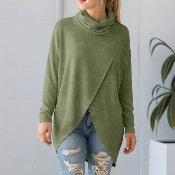 Womens Cowl Neck Tunic Tops, Long Sleeve Pullover Loose Casual Asymmetrical Split Hem Cotton Knit Sweatshirts Green XXL