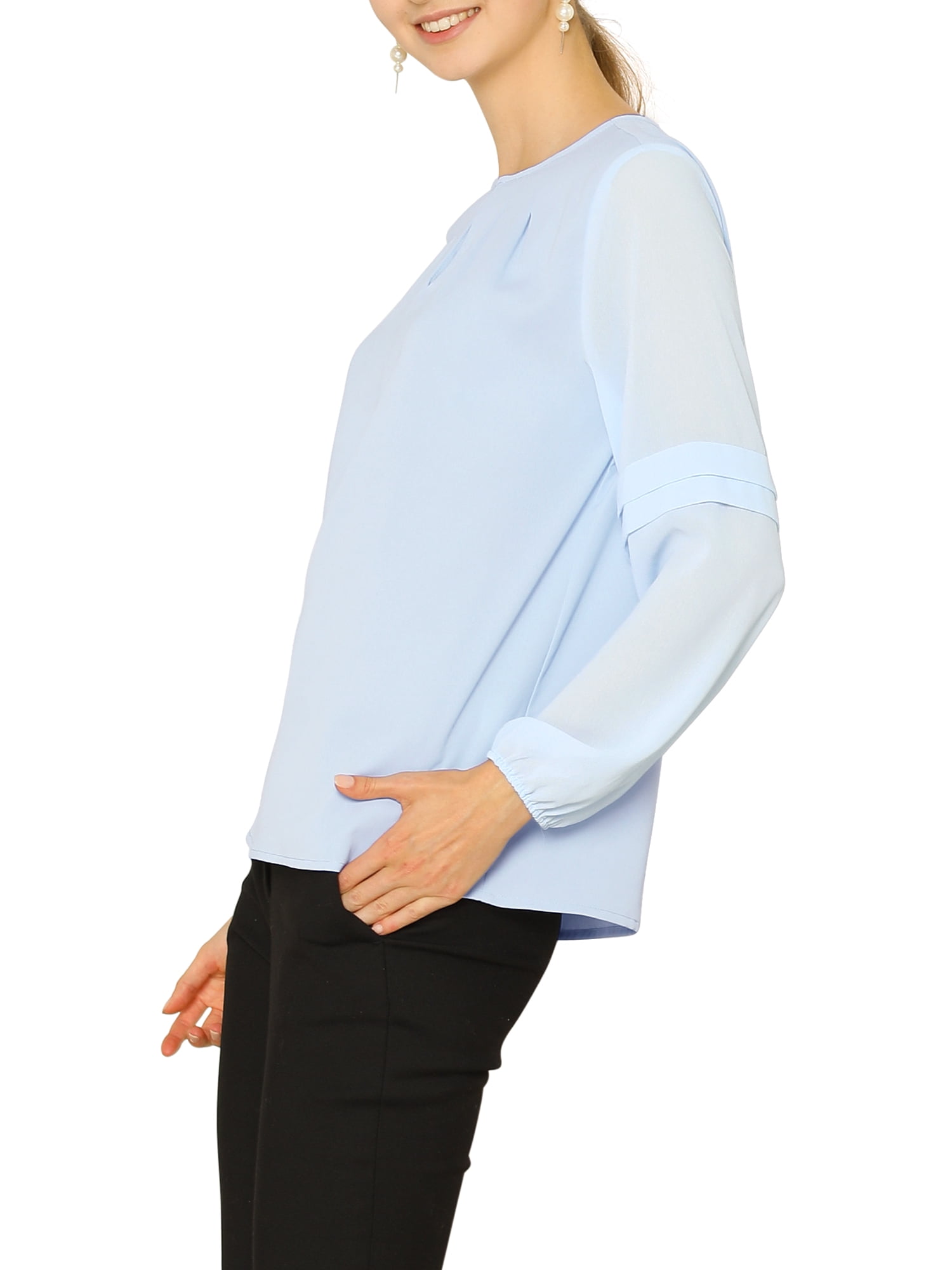 DARING DIVA Chiffon Semi Sheer Long Sleeves Keyhole Neck Blouse XL Light Blue