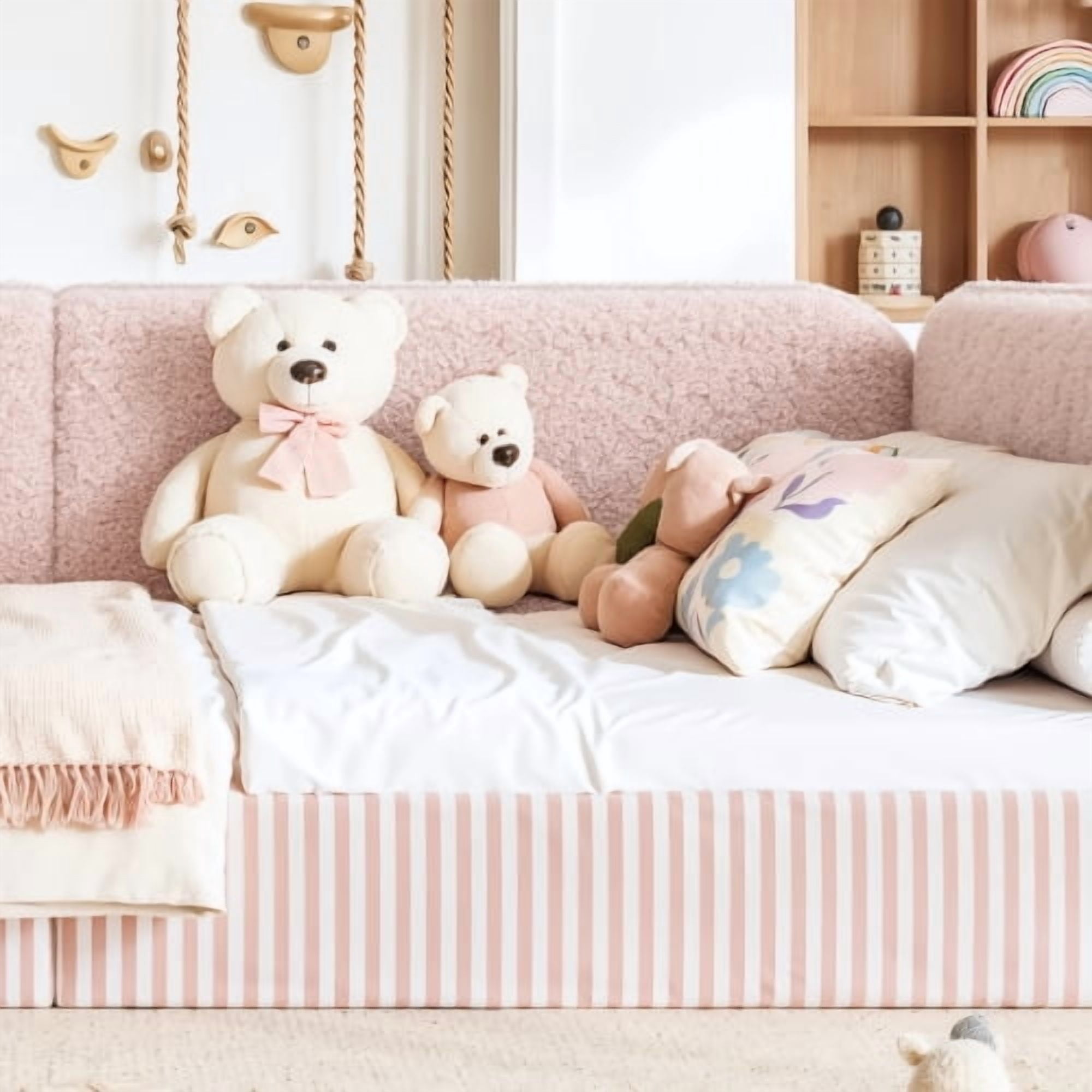 Queen Size Upholstered Teddy Fleece Floor Bed Frame, Half-Enclosed Montessori Low Profile Platform Bed with Full-Perimeter Guardrails for Kids, Pink