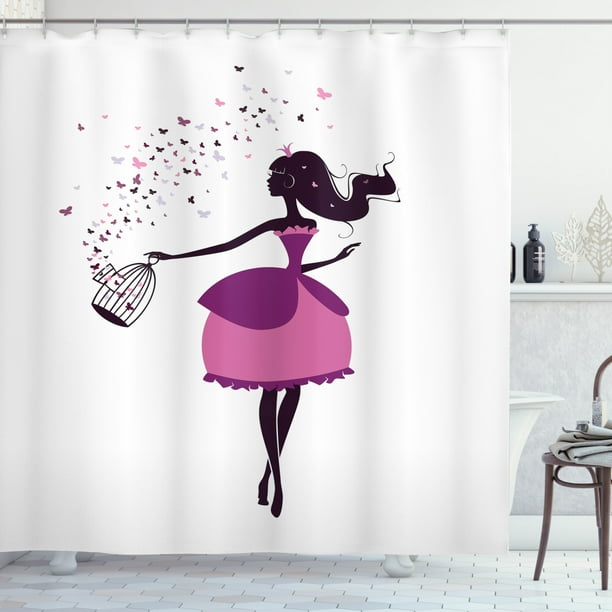 Princess Shower Curtain Graphic Silhouette Of A Girl Holding Cage Erflies Fabric Bathroom Set With Hooks 69w X 75l Inches Long Black Purple And Pink By Ambesonne Com Princess Shower Curtain Graphic, Princess Shower Curtain Hooks