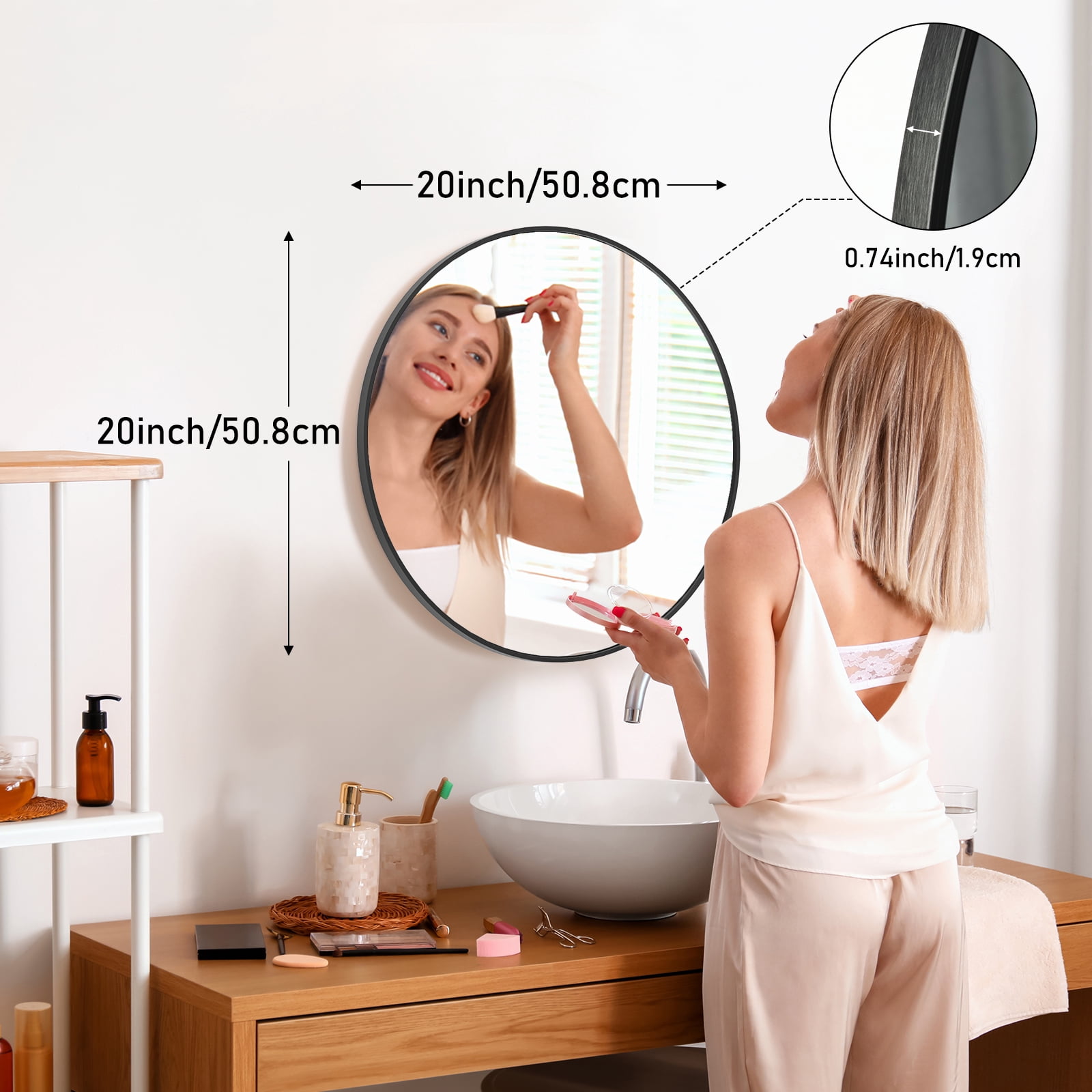 GIANNA 20-inch Round Bathroom Vanity Mirror – Shatterproof, Silver-Plated with Rust-Resistant Aluminum Frame, Black
