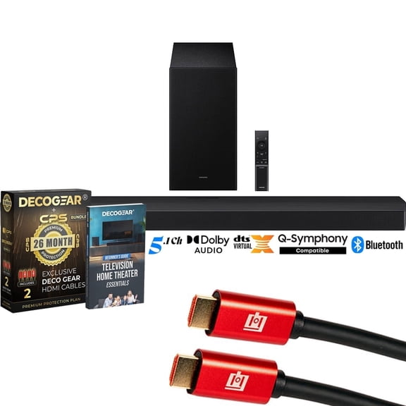 Samsung B-Series Soundbar HW-B750F 5.1 ch Subwoofer (2025) Bundle with CPS Exclusive 26 Month Protection Pack, 2x 4K HDMI 2.0 Cable and Deco Gear Complete Home Theater Beginner's Guidebook