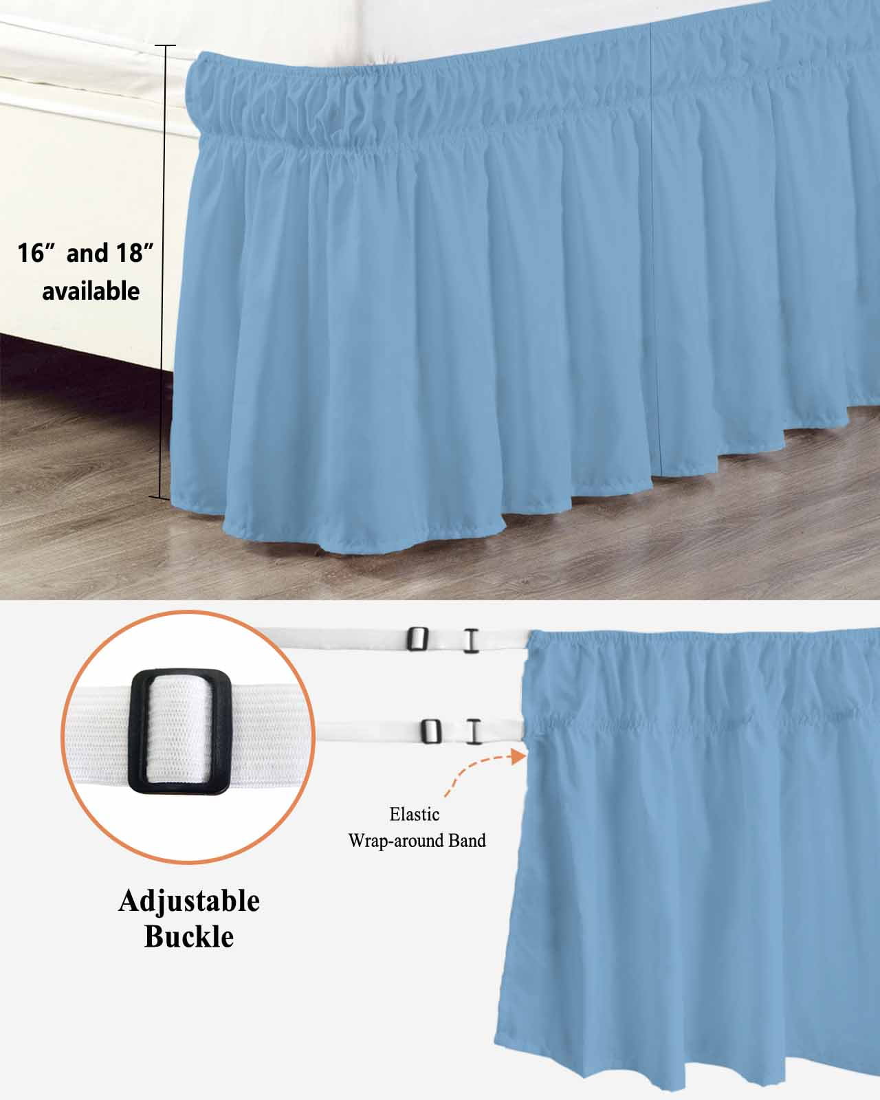 Dusty Blue Bed Skirt Queen Size 18" Drop Solid Color Ruffled Wrap Around Bed Skirts Adjustable Elastic Bedskirt Dust Ruffle for Queen Size Bed