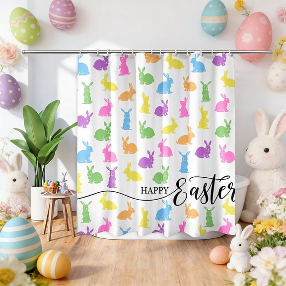 Easter Bunny Floral Shower Curtain - 70x47 in with 12 Hooks, with Colorful Eggs, Butterflies, and Flowers - Cute Spring Bathroom Decor for Kids, Family and Guests