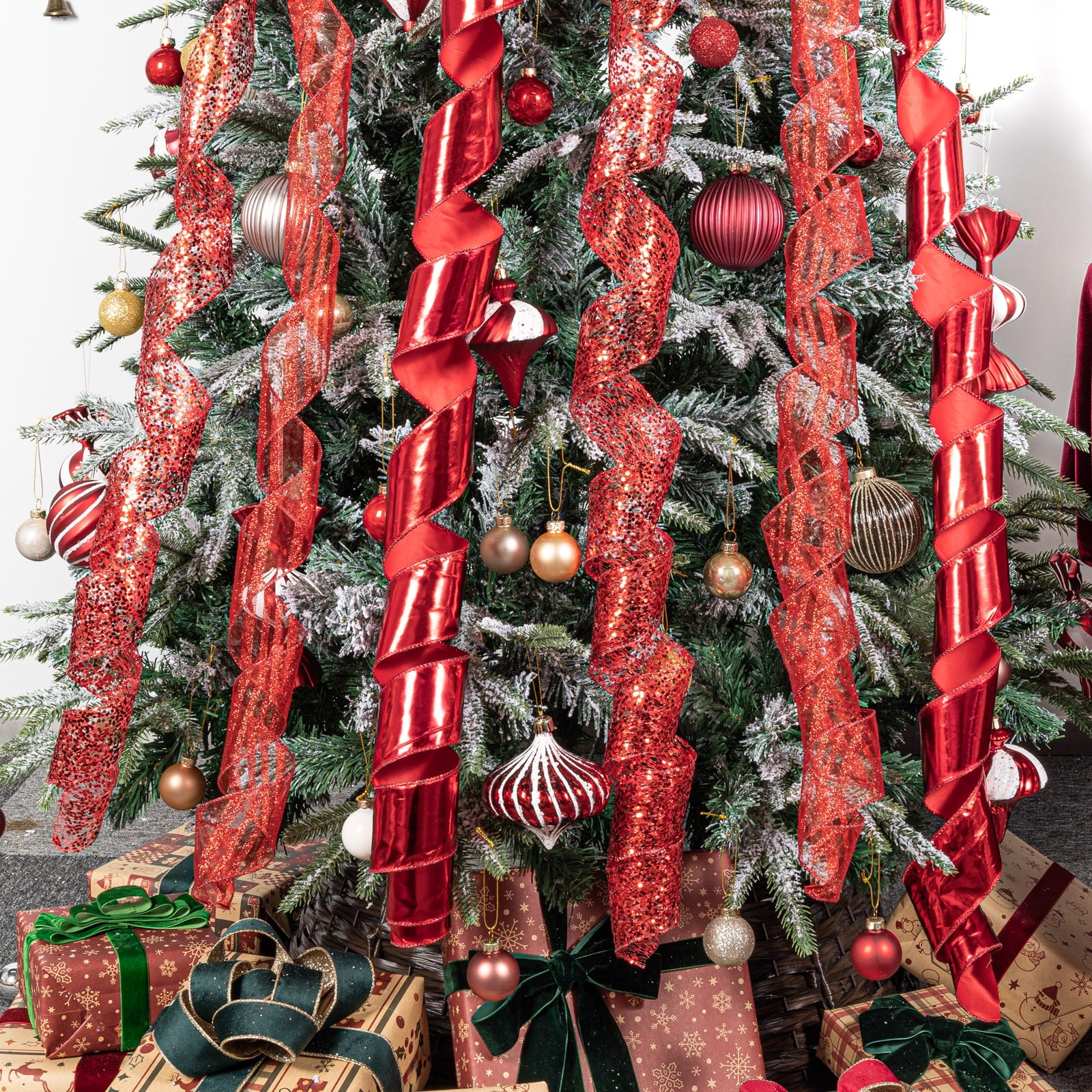 LoomJoyz 11 Inch Red Glitter Christmas Tree Topper Bow - 3 Yards Ribbon Streamer Tails Holiday Decor