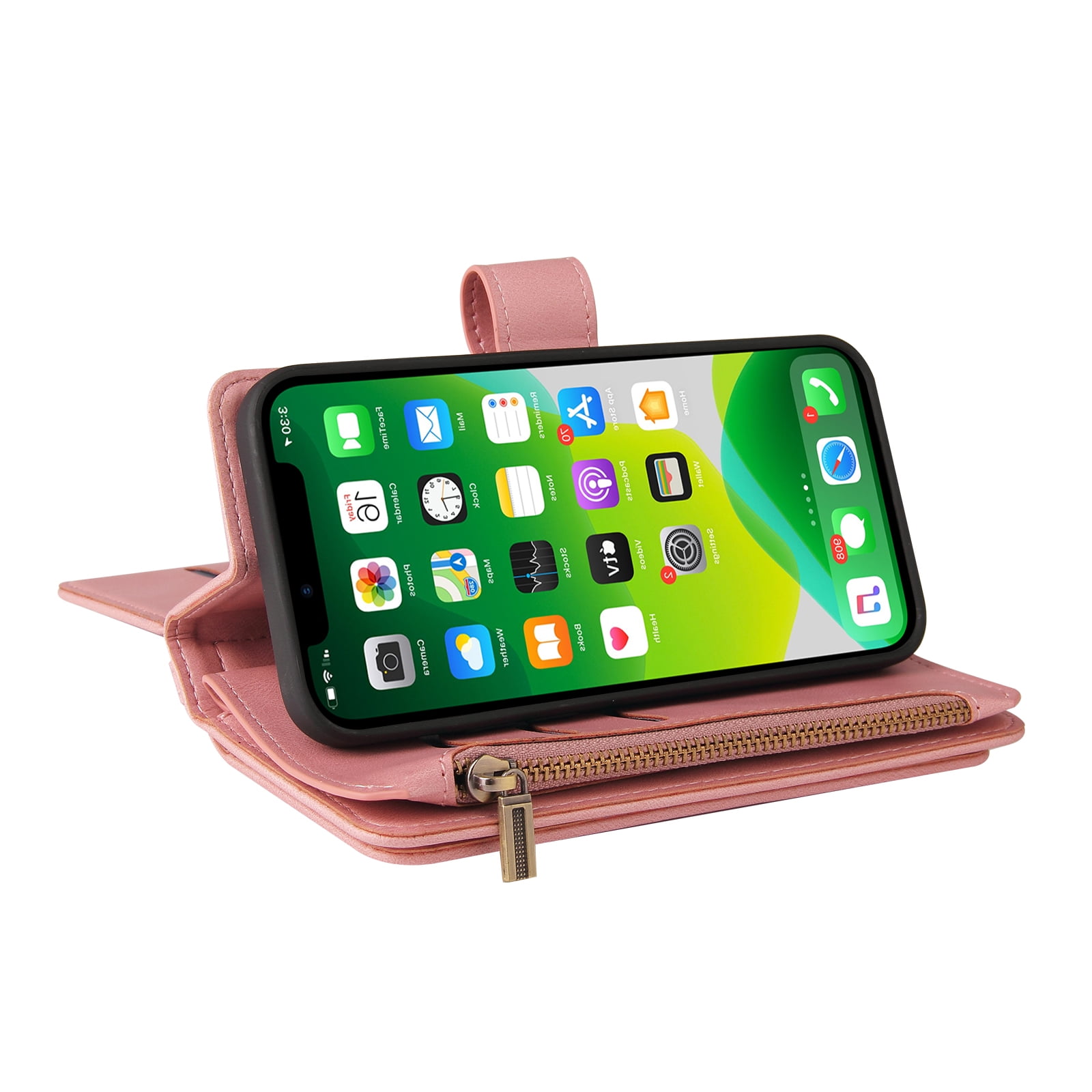 Wallet Case for iPhone 13, Magnetic Zipper Pouch Premium PU Leather with Kickstand Wallet Flip Shockproof Phone Case Wrist Strap Card Slots Holder Pocket iPhone 13,
Pink