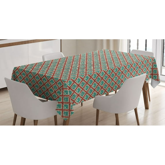 Abstract Tablecloth, Retro Geometric Pattern with Triangles and Rhombuses, Rectangle Satin Table Cover Accent for Dining Room and Kitchen, 52" X 70", Seafoam Vermilion, by Ambesonne