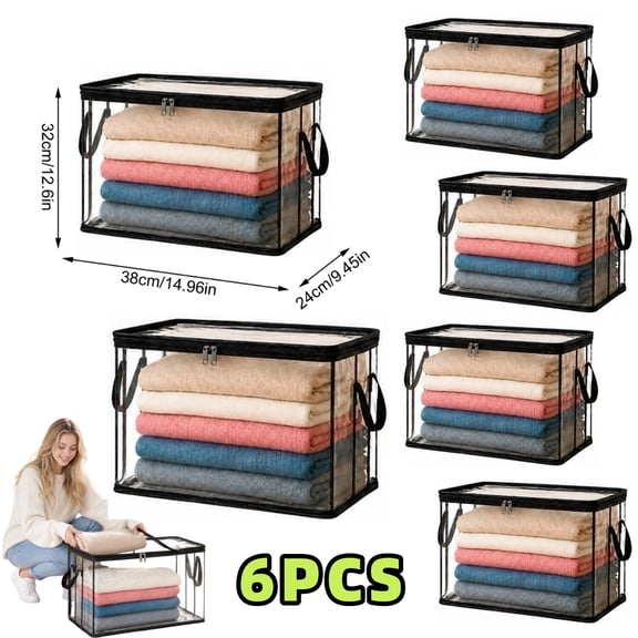 6 Pack Large Heavy Duty Thick Plastic Clear Storage Bag for Clothes, Moving & Storage, Foldable Bins Totes Bags with Lids Handles and Zipper for College Dorm Packing Home Organization