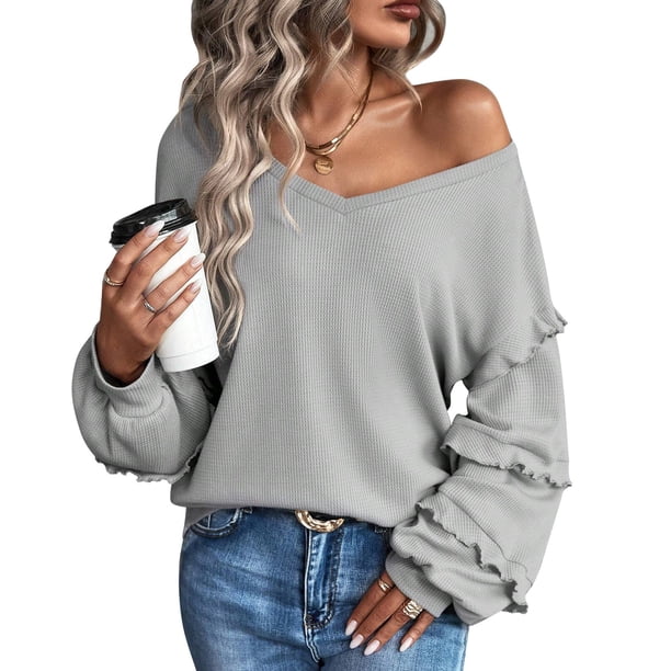 Blusa suelta de manga larga para mujer, blusa de manga larga con escote en V para mujer, blusa de manga larga para mujer, blusa de manga larga con escote en V para mujer, calidad superior