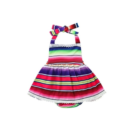 

Calsunbaby Infant Girls Halter Romper Dress Sleeveless Open Back Lace Trim Colorful Stripe Bodysuit Skirt One Piece Clothes