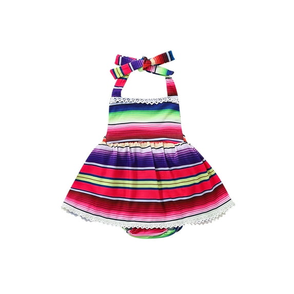 Gureui Toddler Infant Baby Girls Halter Romper Dress Sleeveless Open Back Lace Trim Colorful Stripe Bodysuit Skirt One Piece Clothes