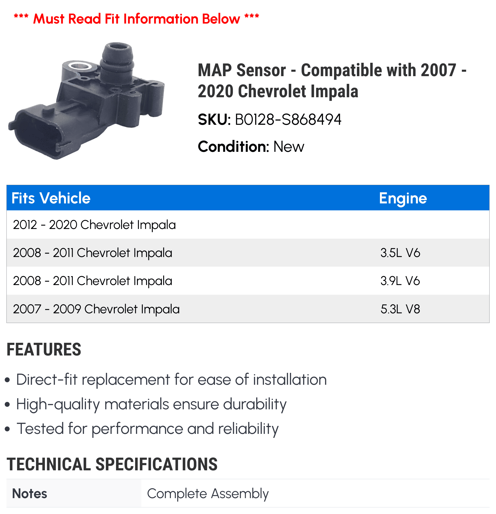 MAP Sensor - Compatible with 2007 - 2020 Chevy Impala 2008 2009 2010 2011 2012 2013 2014 2015 2016 2017 2018 2019