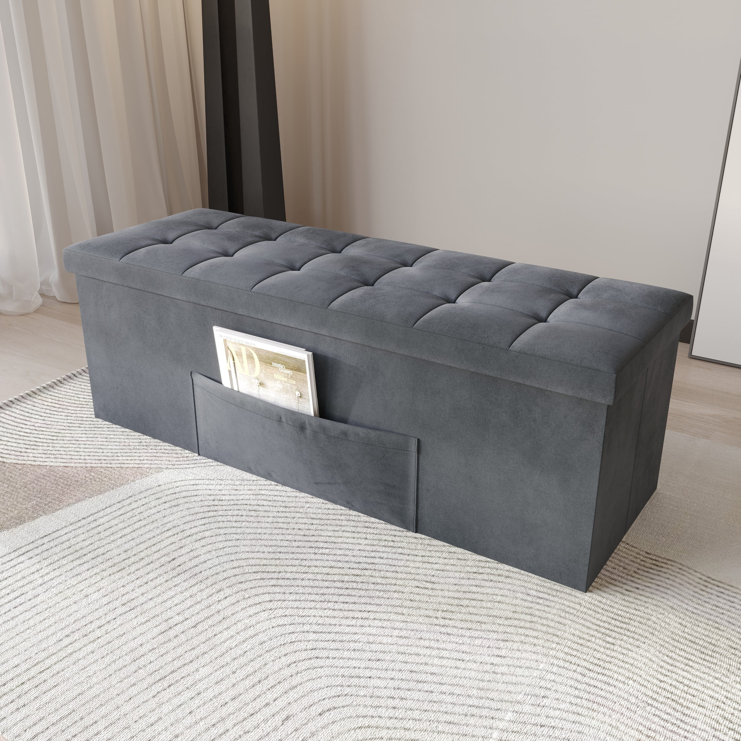 Home Design Chico 42" Tufted Upholstered Folding Storage Bench with Deep Cushion and Front Pocket, Multi-Purpose Rectangular Design for Bedroom, Entryway, or Living Room, Dark Gray