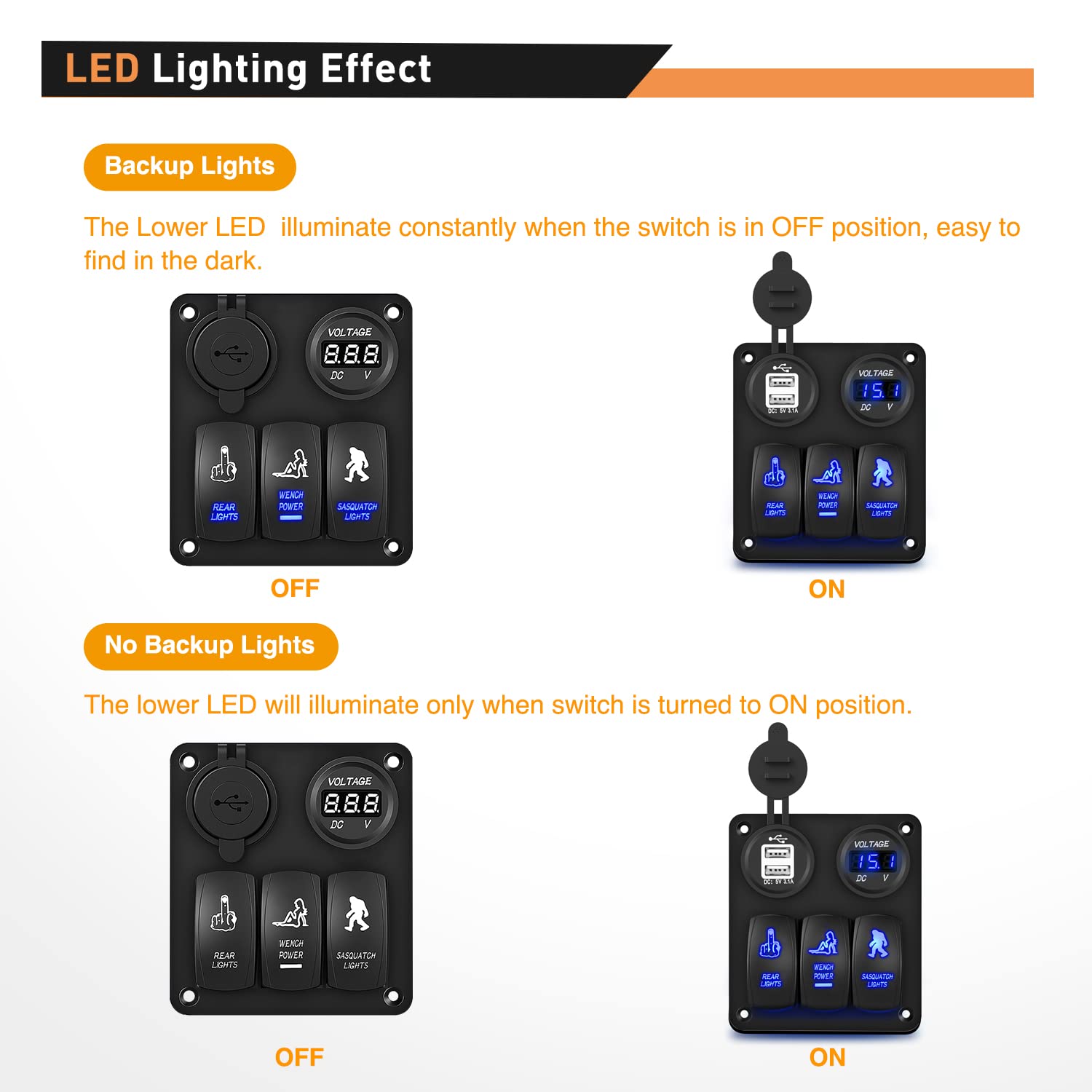 Waywe 3 Gang Rocker Switch Panel USB Charger LED Voltmeter Sasquatch Lights Wench Power Rear Lights Switch On Off Toggle Switch Panel for 12V Cars Trucks Boats