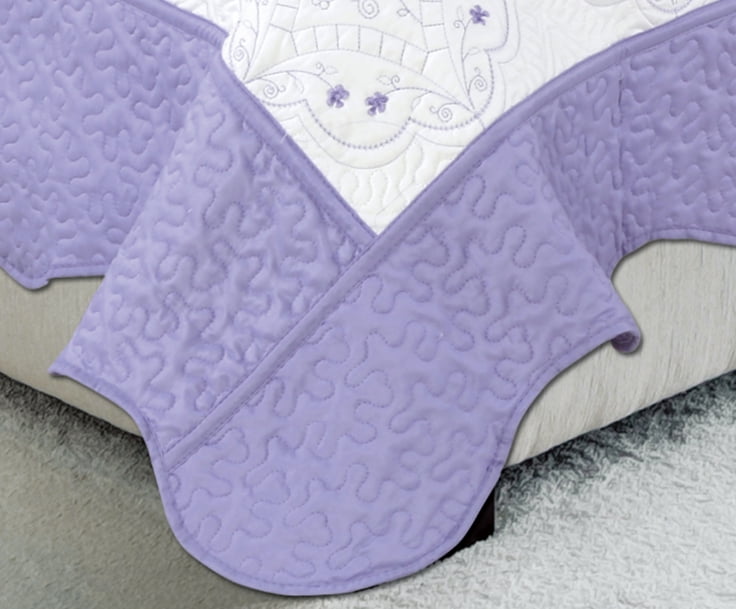 Marina Decoration Embroidered Stitching Coverlet Bedspread Ultra Soft Solid Bedding Summer Quilt Set with Quilted Sham, Purple Floral Pattern