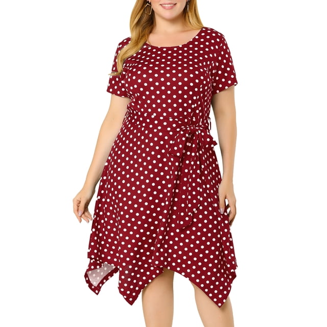 Vestido de mujer de talgrande alto bajo retro mangas cortas vestidos de lunares Vino rojo 4X