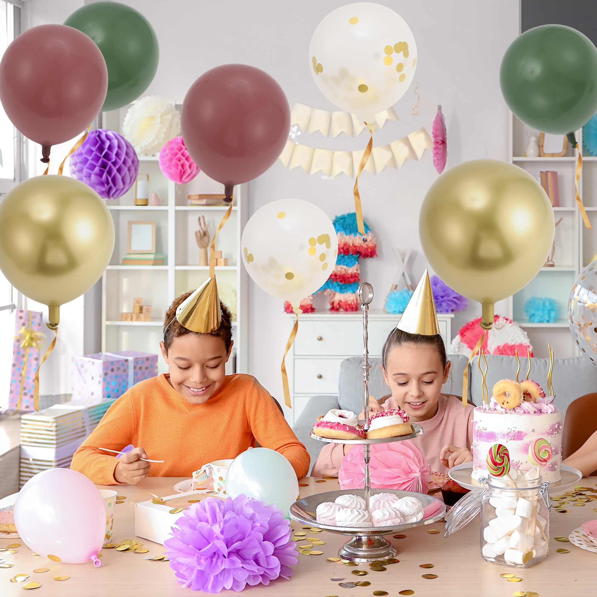 Unique Bargains Latex Party Balloons with Ribbon Green Red Gold Tone Clear 10inch 20Pcs