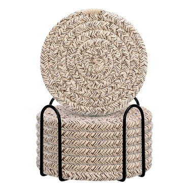 AOWOO 8 Pcs Drink Coasters with Holder, Cotton Woven Absorbent Coasters for Drinks, Minimalist Home Decor Coaster Set for Wooden Tabletop Protection Table(Color 1)