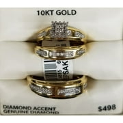 Genuine Diamond-Accent 10KT Yellow Gold Women's and Men's Halo "Ivy" Trio Ring Set by Keepsake