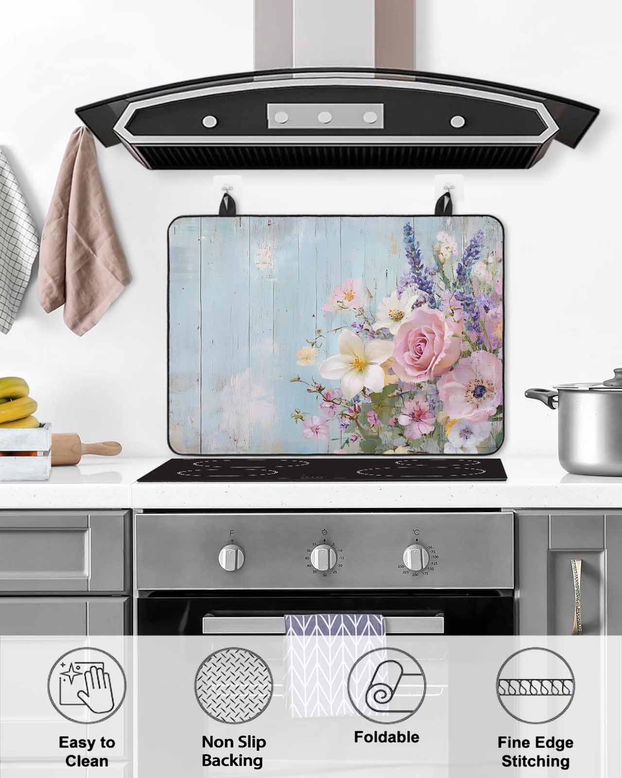 nqOlkjepod Large Induction Cooktop Protector Mat 28.5"x20.5", Spring Pink Flower Stove Top Covers for Electric Stove, Lavender Botanical Blue Wood Board Stove Burner Cover Mats Stove Cover