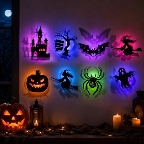 Halloween LED Silhouette Wall Light Stickers, 8 Designs Light Up Wall Decor