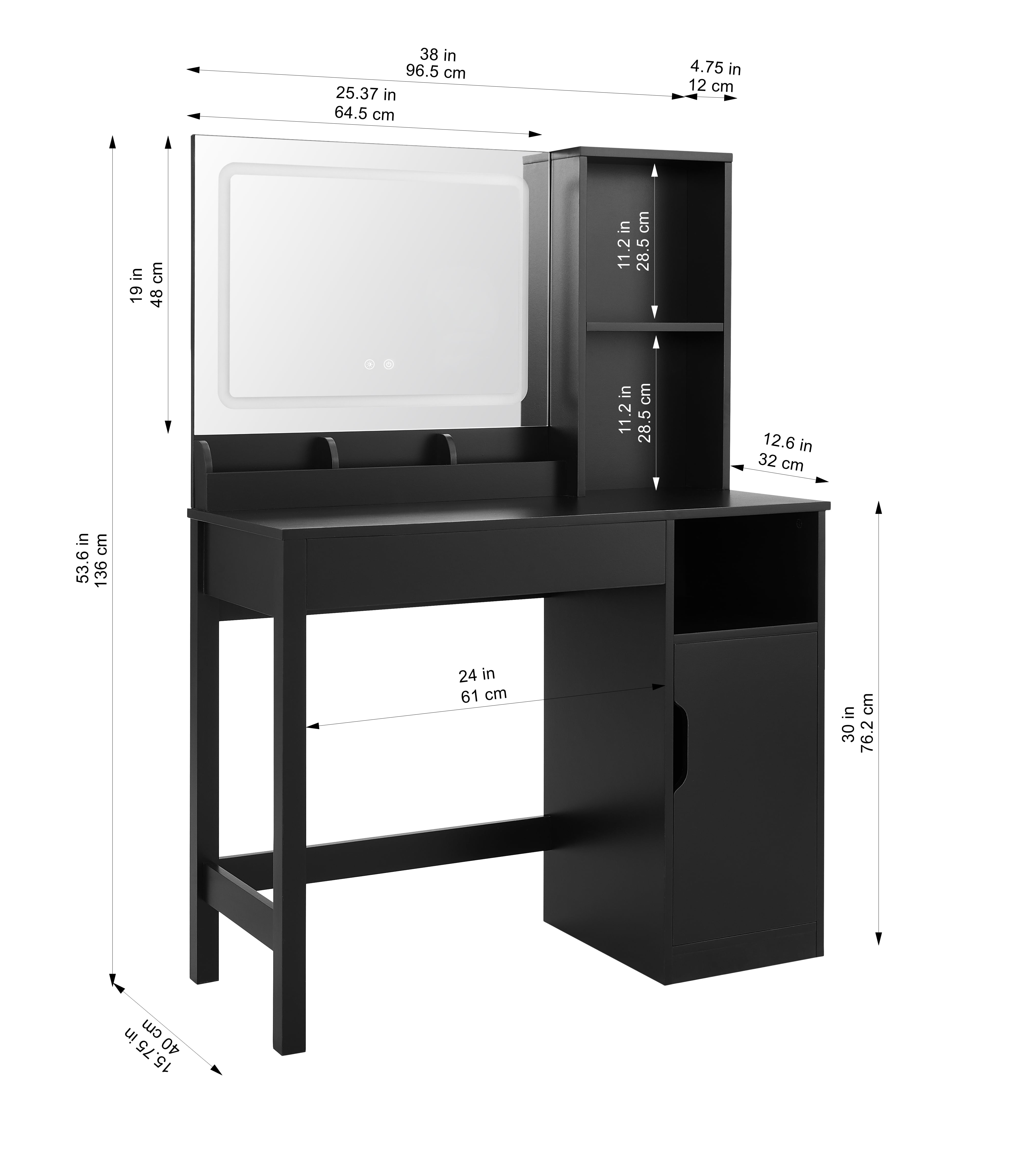 Mainstays Get Ready with Me GRWM Right Vanity Table with Lighted Mirror and Storage, Black Finish