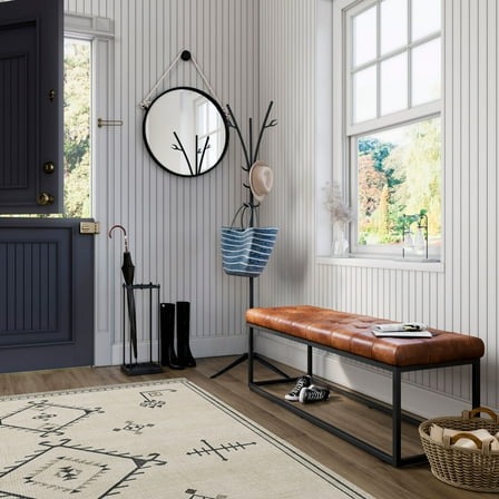 Global Archive 50" Genuine Distressed Leather Mid-Century Modern Ottoman Bench