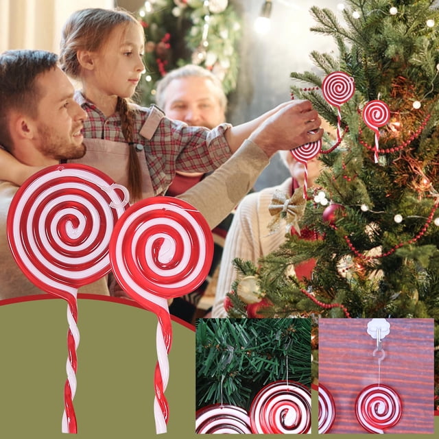 Fiudx Colgante de Piruleta Navideña con Diseño de Caramelo Rojo y Blanco, Ideal para Decorar El Árbol y La Corona de Navidad, Ideal para Fiestas y Uso Doméstico, Ideal Como Regalo, Tamaño 15,7 X 7,2