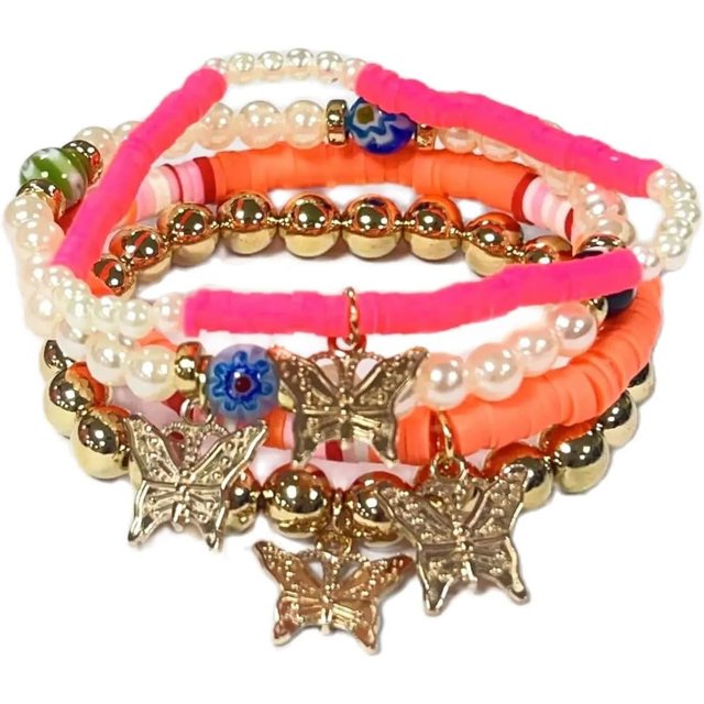Conjunto de pulseras con colgante elástico de piedra de cristal de mariposa bohemia para mujeres y niñas, pulsera elástica apilable con cuentas doradas, joyería colorida con dijes, playa de verano boh