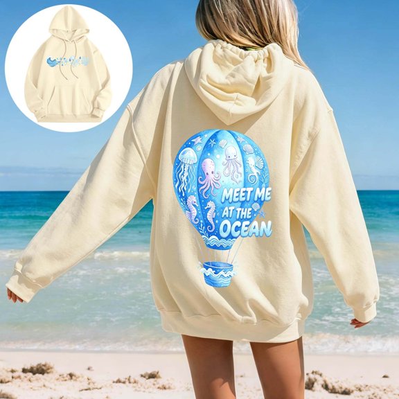 FASHOFT Palm Graphic Hoodies for Women Meet Me at The Ocean Y2k Oversized Sweatshirt Long Sleeve Preppy Outfit Beige L