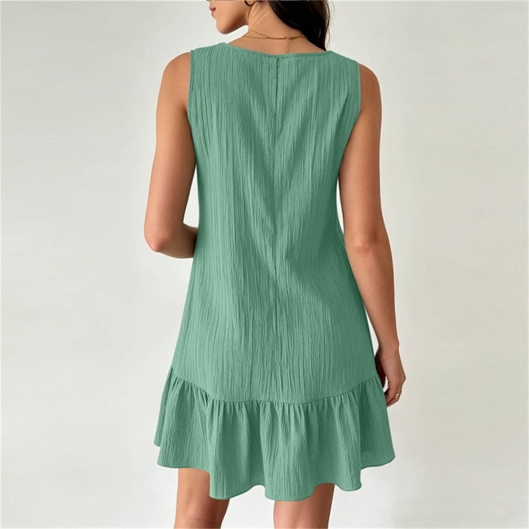green linen wedding guest dress Ovbmpzd Summer Mini Dresses for Women Ruffled Hem Swing Elegant Asymmetric Neckline Sleeveless Dress,M Cute Denim Jacket