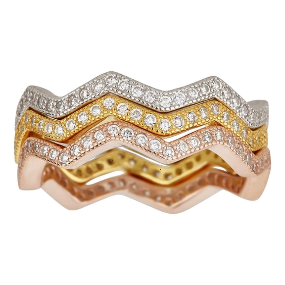 Decadence Sterling Silver Tricolor Zigzag Stack Cubic Zirconia Ring