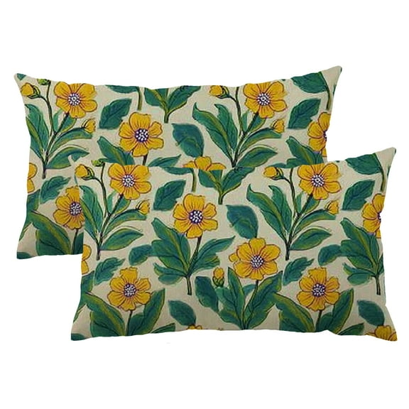 QKZF Set of 2 Floral Throw Pillow Cover 12x20 Inch Green and Yellow Vintage Boho Outdoor Spring Summer Decorations Lumbar Decorative Throw Pillow Case for Home Living Room Couch Porch Décor 12x20inch