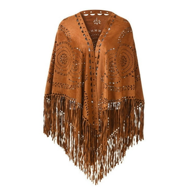 Women Loose Suede Fringes Open Cape Poncho Scarf With Punch Pattern Graceful Fringes Dropshipping Shawl