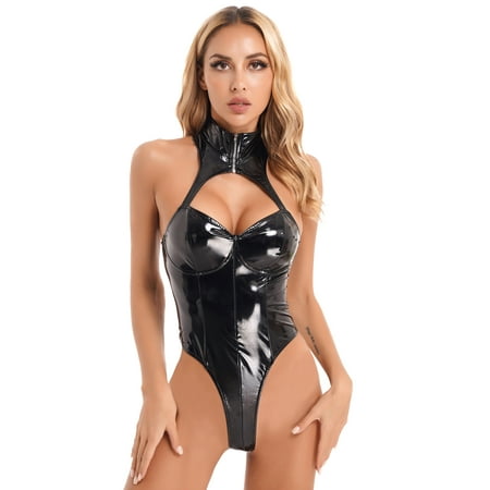 Doomiva Women Faux Leather Wetlook Lingerie Bodysuit Zip High Neck Open Back Keyhole Leotard Jumpsuit Black M