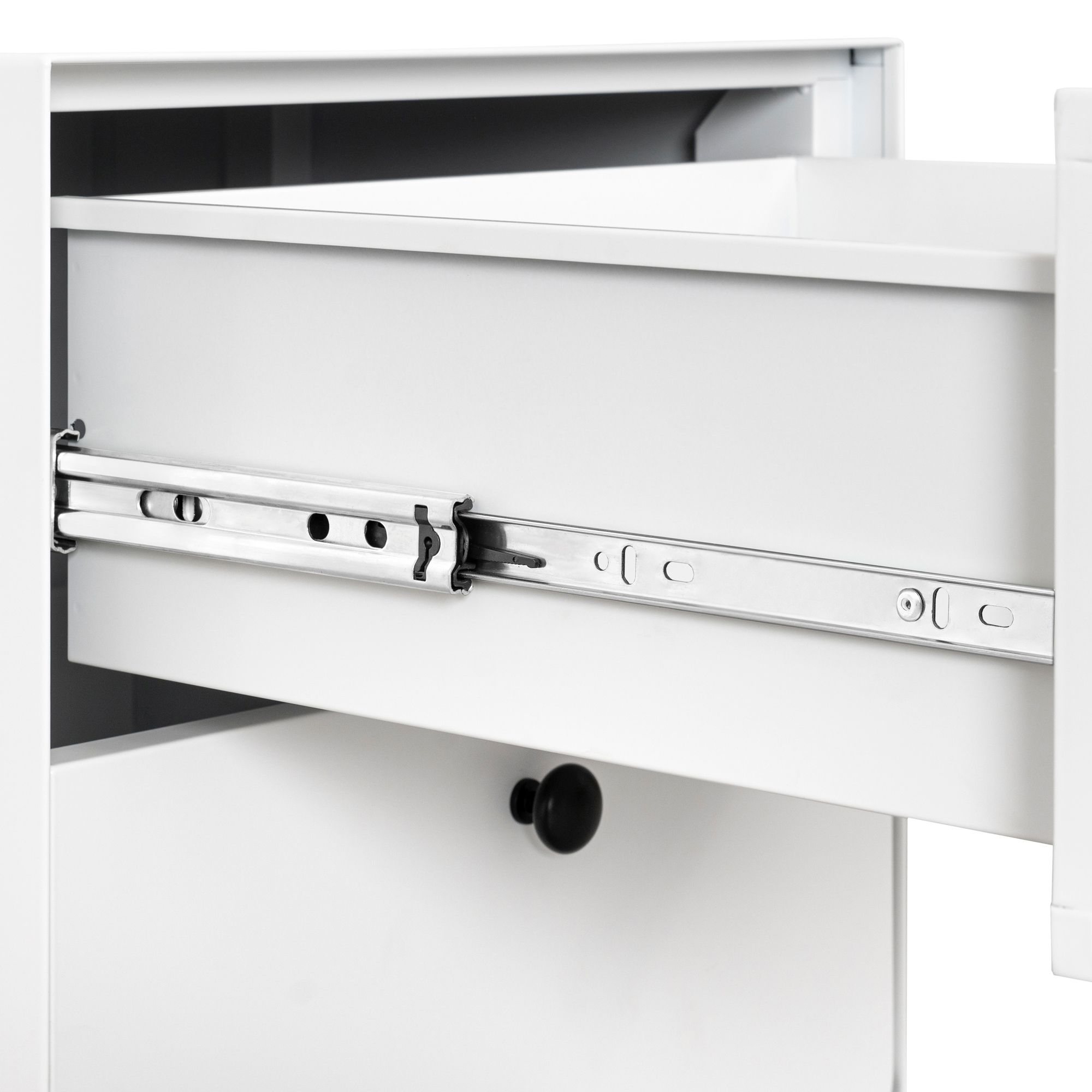 DEALTOPS Modern Steel Nightstand with 2 Storage Drawers and Adjustable Feet, Bedside Storage Cabinet with Circular Handles for Bedroom- White