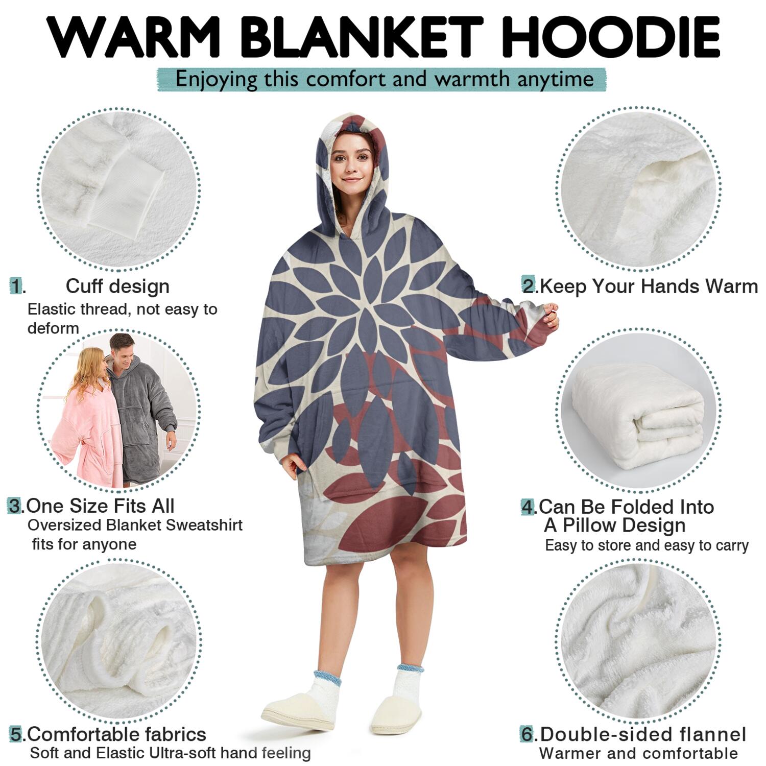 Wearable Oversized Blanket,Red and Blue Pioneer Flower Pattern Wearable Blanket Hoodie for Adults,Cozy Hooded Blankets with Super Pockets,Super Warm Fuzzy Pullover for Women & Men