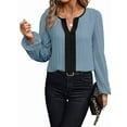 thumbnail image 3 of Womens Tops Dressy Casual V Neck Color Block Business Casual Blouses Long Sleeve Work Shirts Fall Trendy Clothes Blue M, 3 of 9