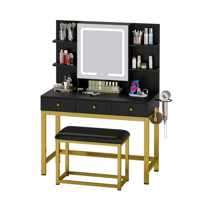 ModFusion Black & Gold LED Dressing Table with Stool, Tri-Color Touch  Mirror, 3 Drawers, UL Certified Outlets, Hair Tool Hooks, PU Cushion -  Walmart.com