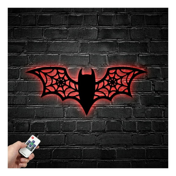 Craftnamesign Bat Spider Web Metal Wall Art LED Light, Spooky Halloween Sign Home Decor