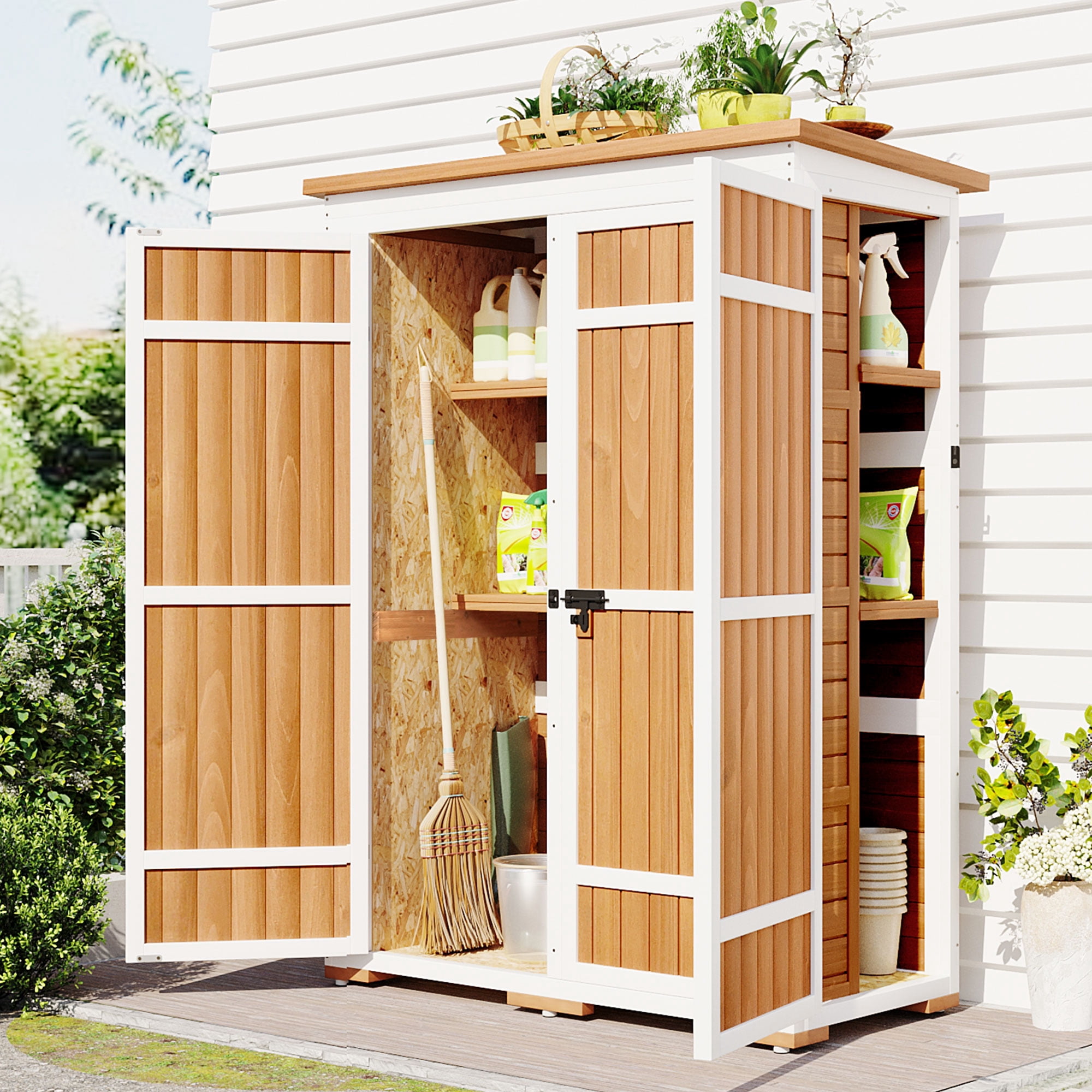 MAYEERTY Outdoor 5.5ft Wood Storage Shed with Lockable Doors, Multi-Shelf Garden Tool Cabinet with Waterproof Roof