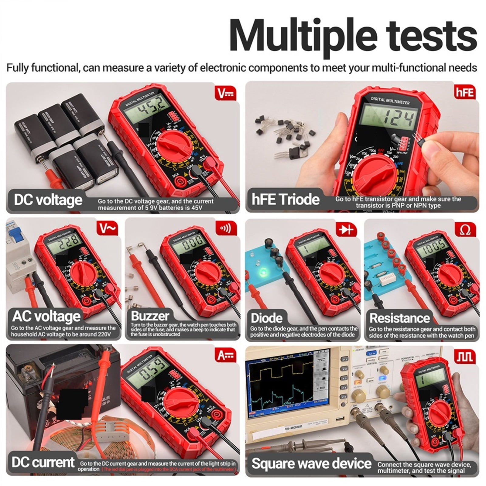 Square Wave Digital Multimeter 1999 Counts HFE Triode Buzzer Tester AC/DC Voltage 10A Current Multimeters Meter Tool ,Battery Test