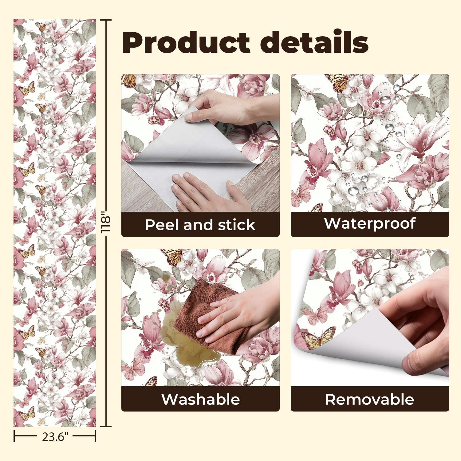 Peel and Stick Wallpaper Floral Butterfly Soft Pink White Flowers boho Wall Mural 23.6in x 9.8ft Self Adhesive Removable Wall Paper Renter Friendly Wallpaper for Girls Women Bedroom Livingroom