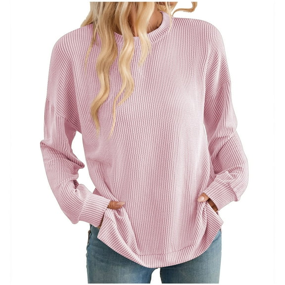 Diufon Womens Fall Pullover Tops Casual Solid Color Blouses Round Neck Long Sleeve Tops