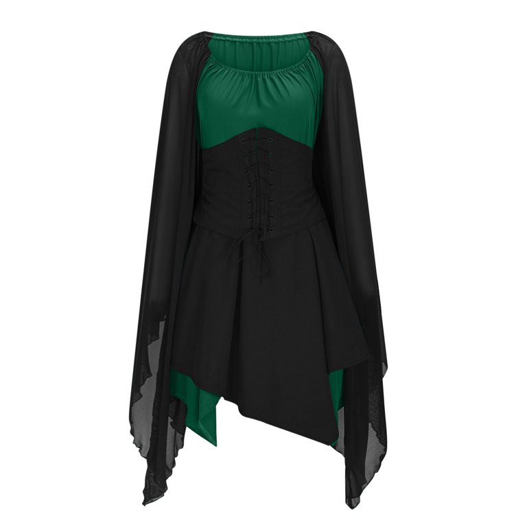 AKOEE Women's Plus Size Renaissance Dress Halloween Crisscross Lace-Up Corset Mesh Multi-Layered Retro Party Mini Dress (3xl, Green)