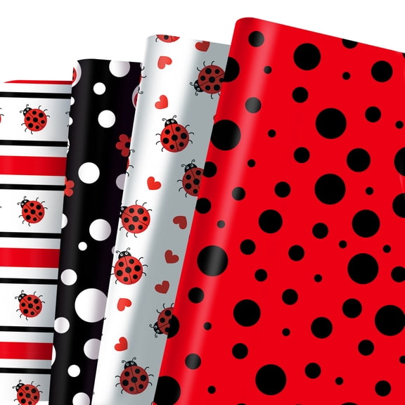 CC HOME 12 Sheets Ladybug Wrapping Paper Set 4 Designs White Black Red Ladybug Gifts Wrap Paper for Birthday Baby Shower and Festival Party Decors
