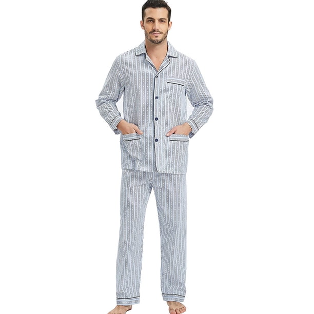 GLOBAL Conjuntos de Pijamas de Algodón para Hombre, Ropa de Dormir de Manga Larga con Botones, Ropa de Dormir Cómoda, Conjunto de Pijama Suave con Rayas Blancas M